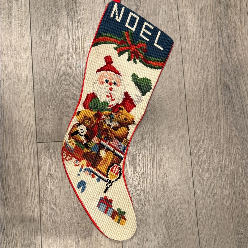 Vintage Noel Hand Cross Stitched Stocking with Santa and Gifts